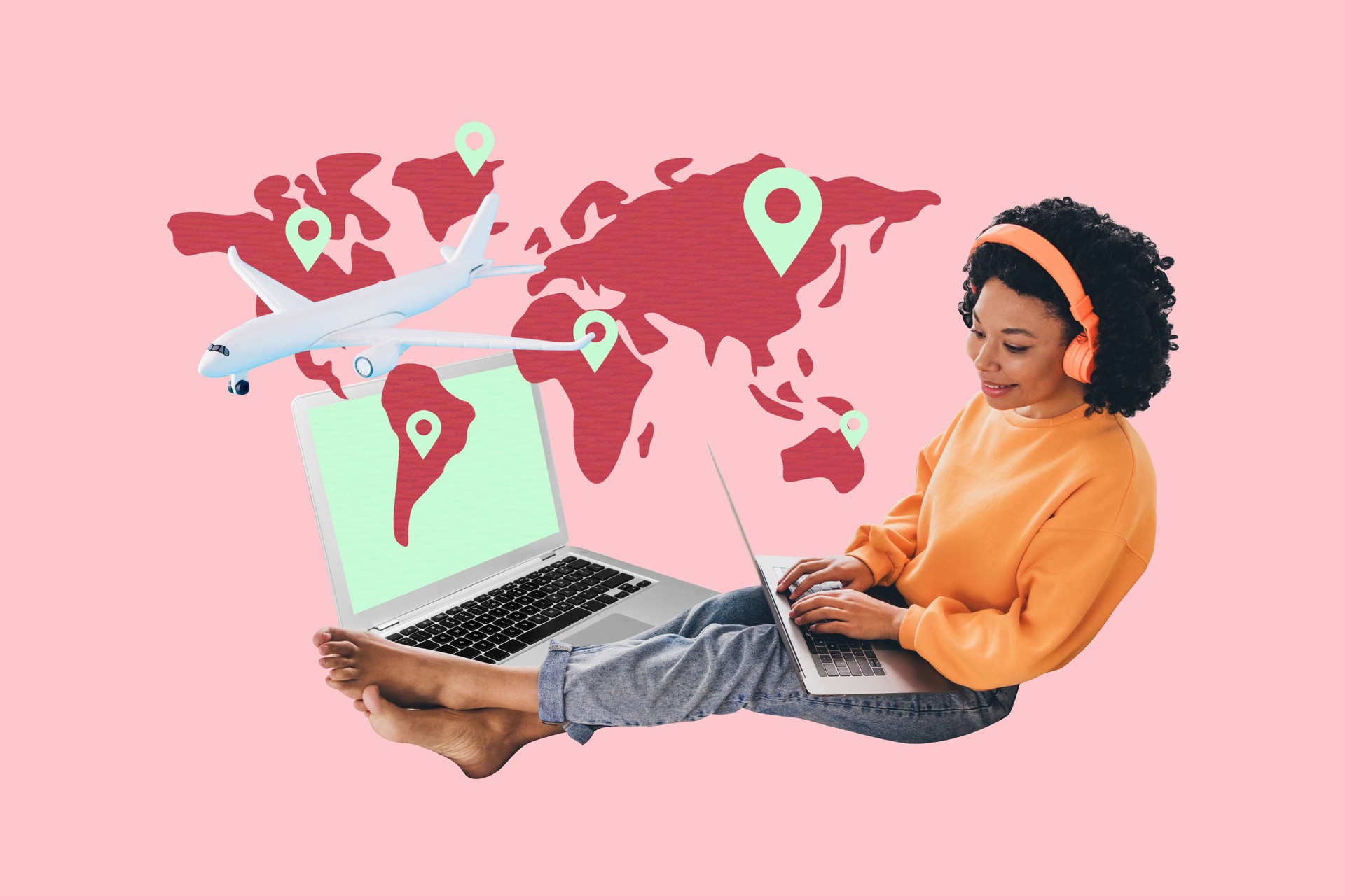 3d sketch poster trend collage image of happy girl sit beanbag type laptop booking tickets airplane geolocation map travel summer